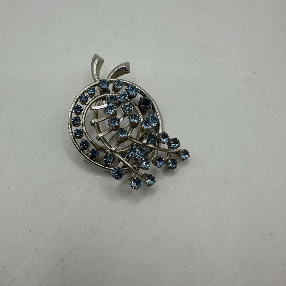 Vintage Blue Rhinestone Silver Brooch Pin